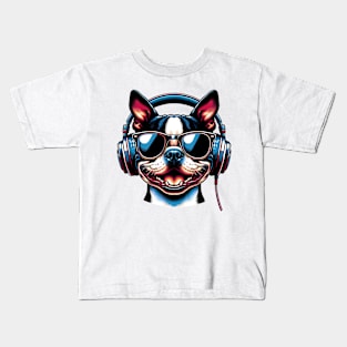 Boston Terrier Smiling DJ: A Musical Canine Portrait Kids T-Shirt